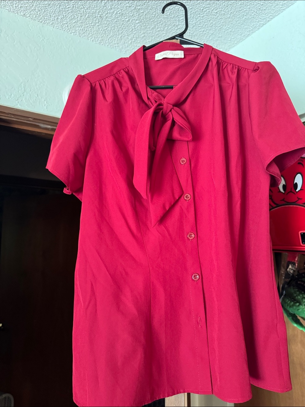 Tie-Neck Button Front Blouse in Vibrant Red - Unknown Brand